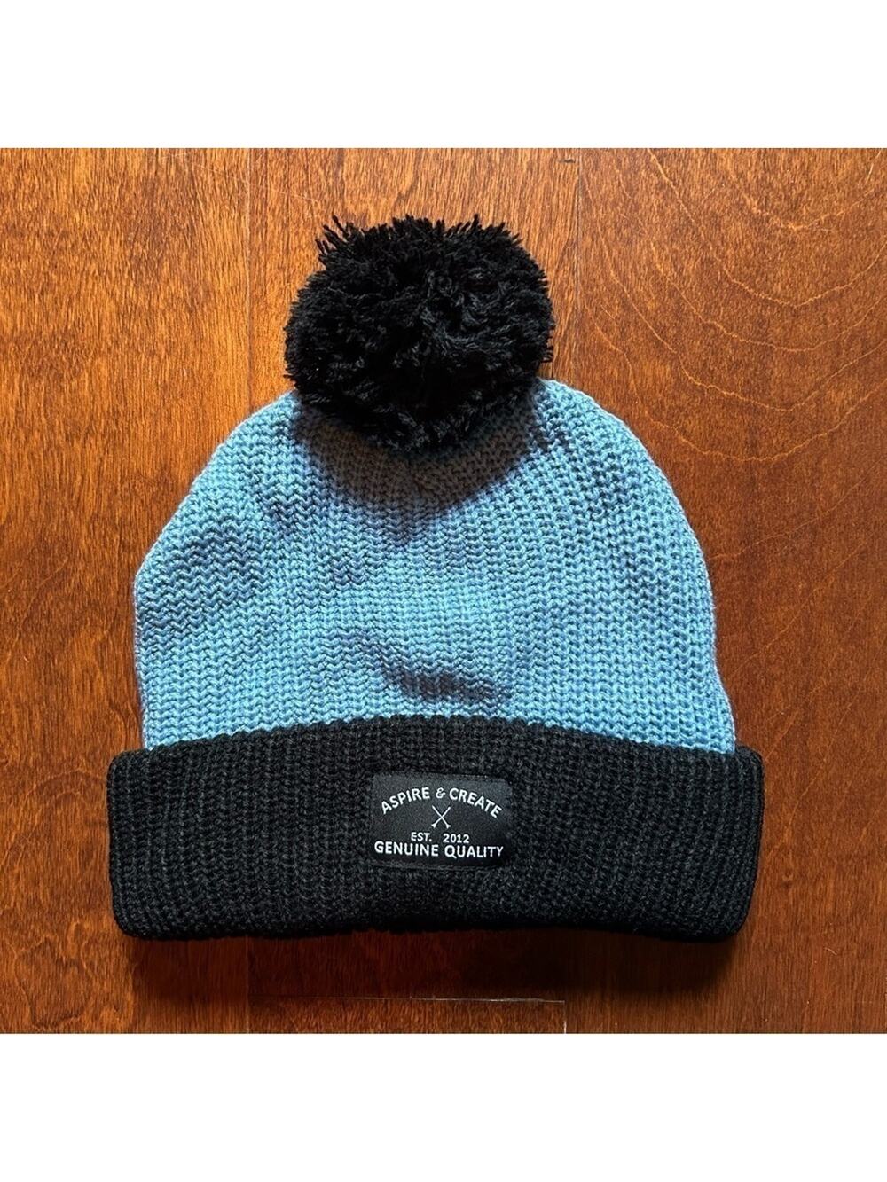 Aspire and Create Knitted Beanie with PomPom, Blue and Black, Unisex, NWOT